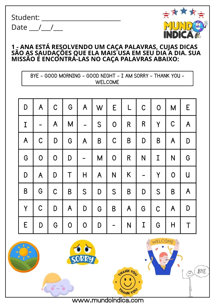 Caça-palavra em Inglês sobre Saudações para Imprimir