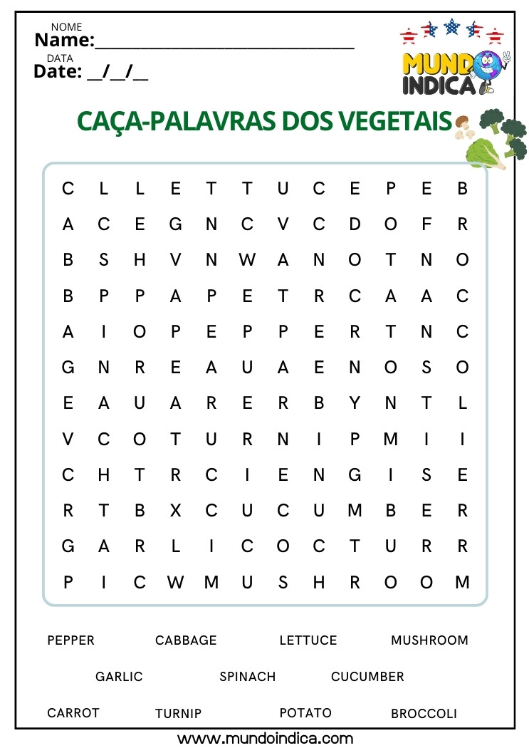 Caça-palavra em Inglês sobre Vegetais para Imprimir