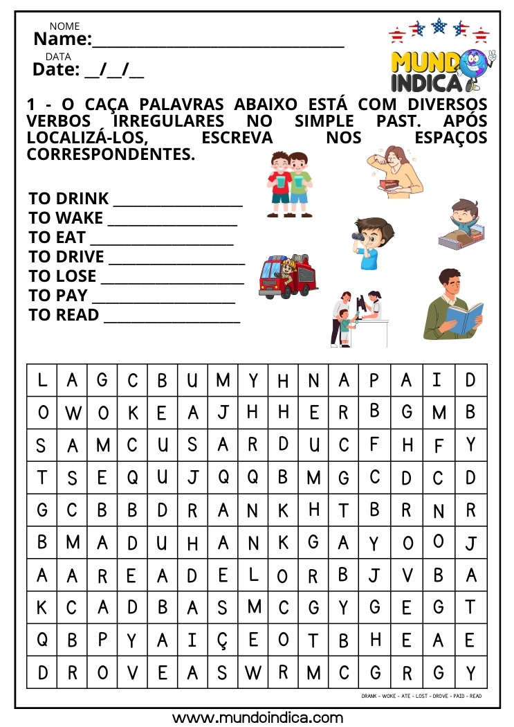 Caça-palavra em Inglês sobre Verbos Irregulares para Imprimir