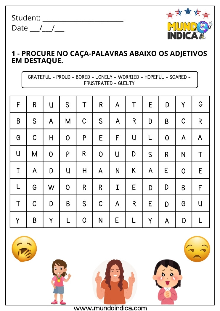 Caça-palavra sobre Adjetivos em Inglês para Imprimir