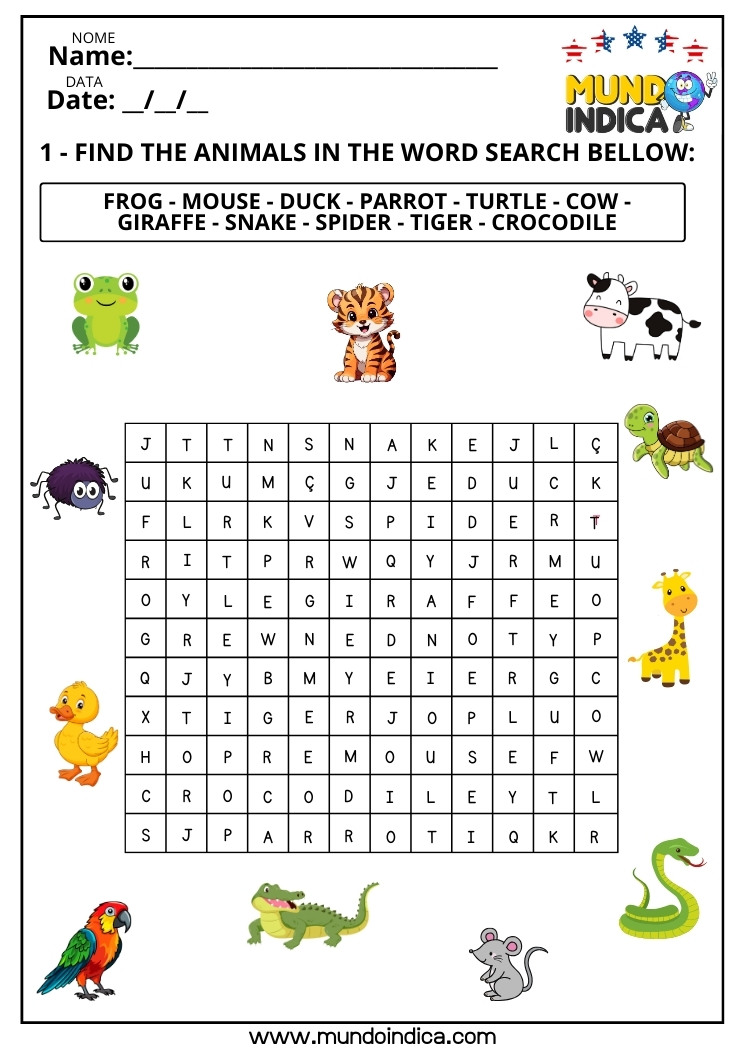 Caça-palavra sobre Animais em Inglês para Imprimir
