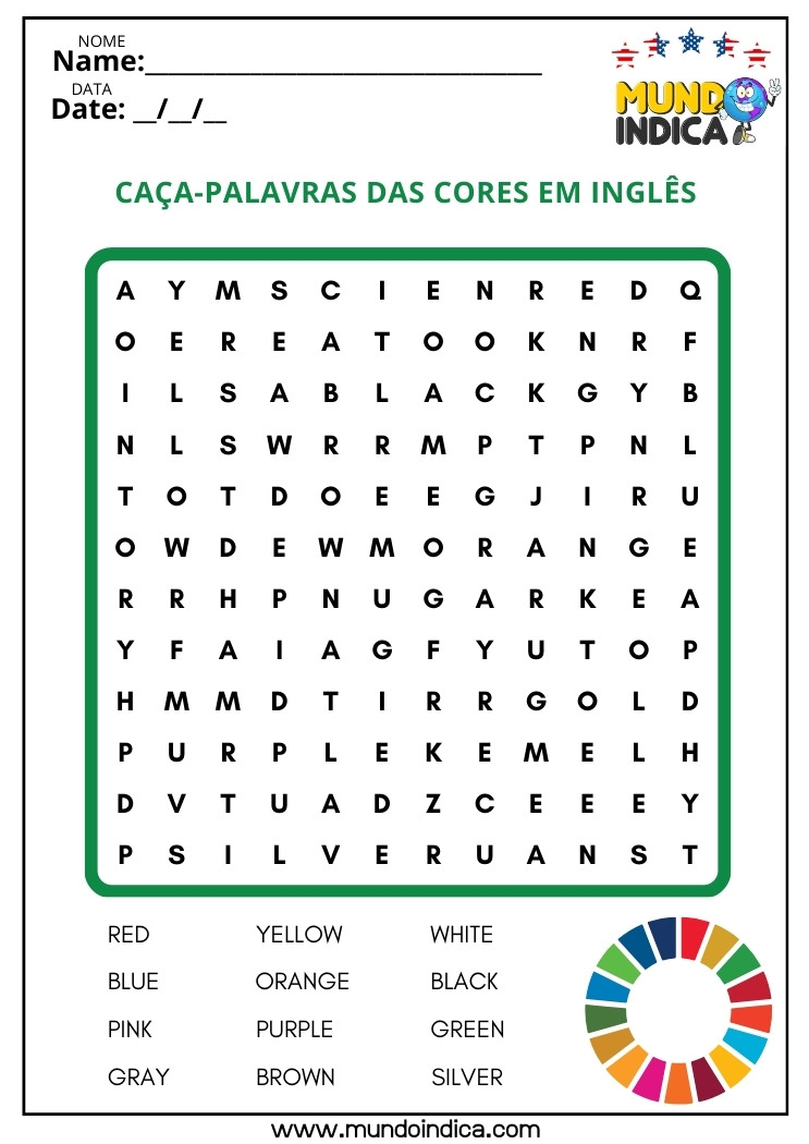 Caça-palavra sobre Cores em Inglês para Imprimir