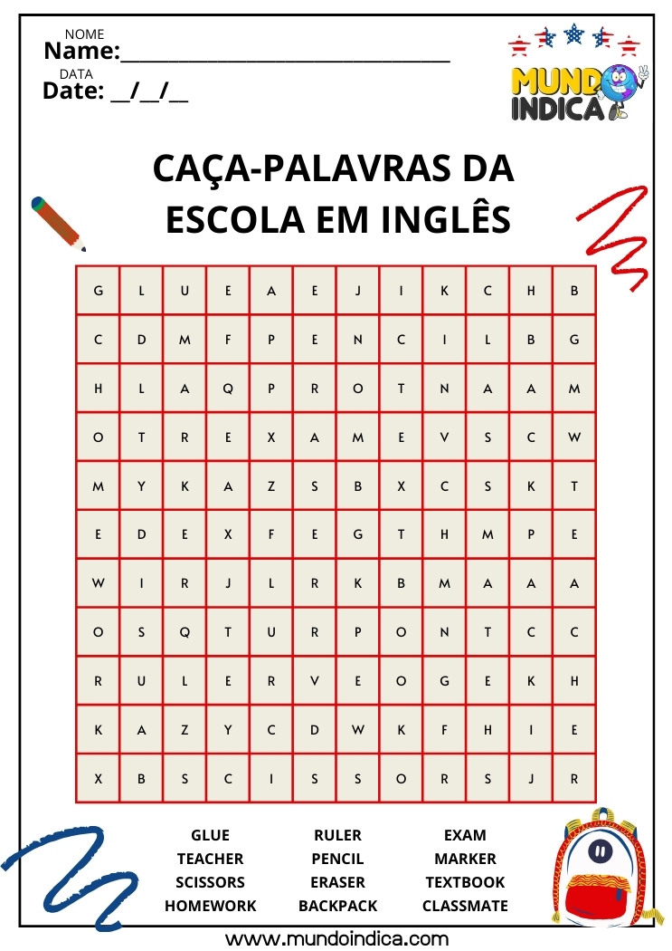 Caça-palavra sobre Materiais Escolares em Inglês para Imprimir