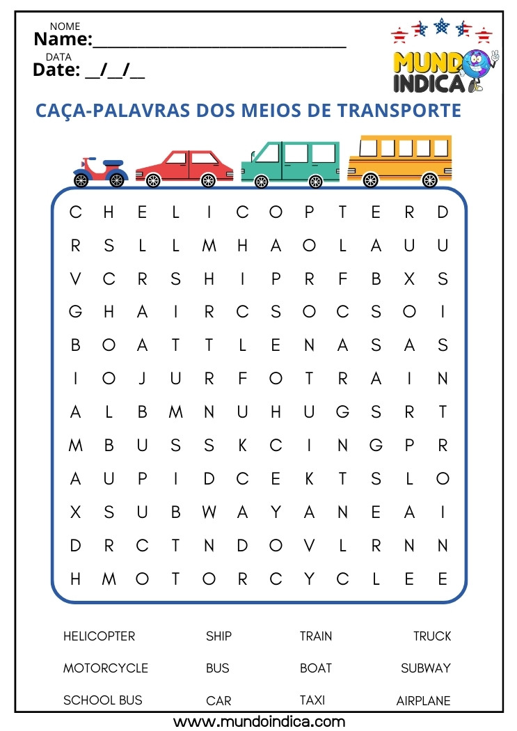 Caça-palavra sobre Meios de Transporte em Inglês para Imprimir