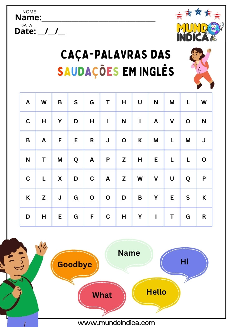 Caça-palavra sobre Saudações em Inglês para Imprimir