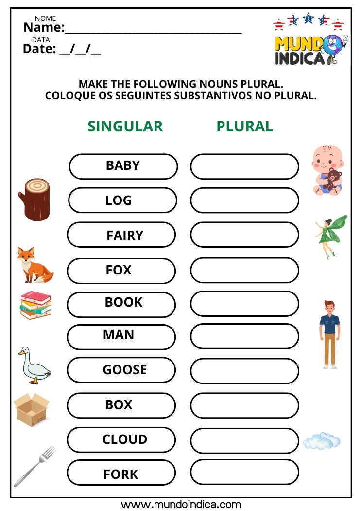 Atividade Coloque os Substantivos no Plural em Inglês para Imprimir