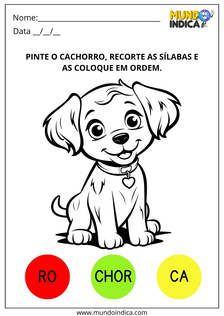 Atividade Lúdica de Alfabetização com Pintura do Cachorro e Recorte e Colagem das Sílabas para Imprimir
