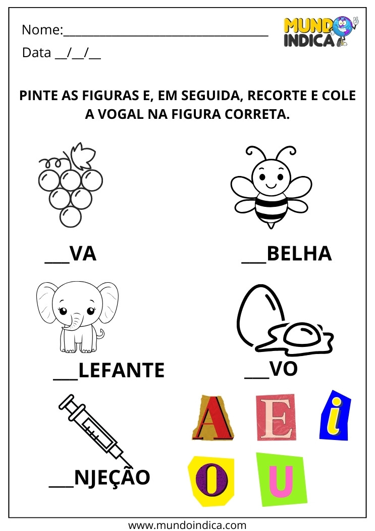 Atividade de Alfabetização Pinte as Figuras e Recorte e Cole a Vogal no Lugar Correto para Imprimir