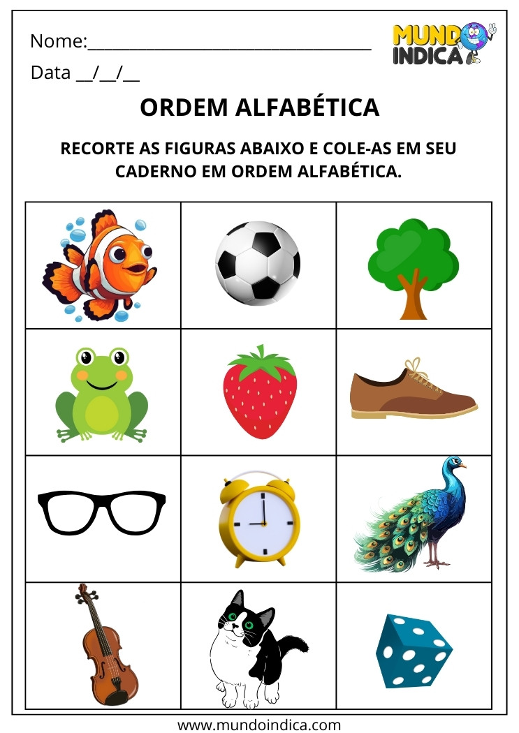 Atividade de Alfabetização Recorte as Figuras e Cole em Ordem Alfabética para Imprimir