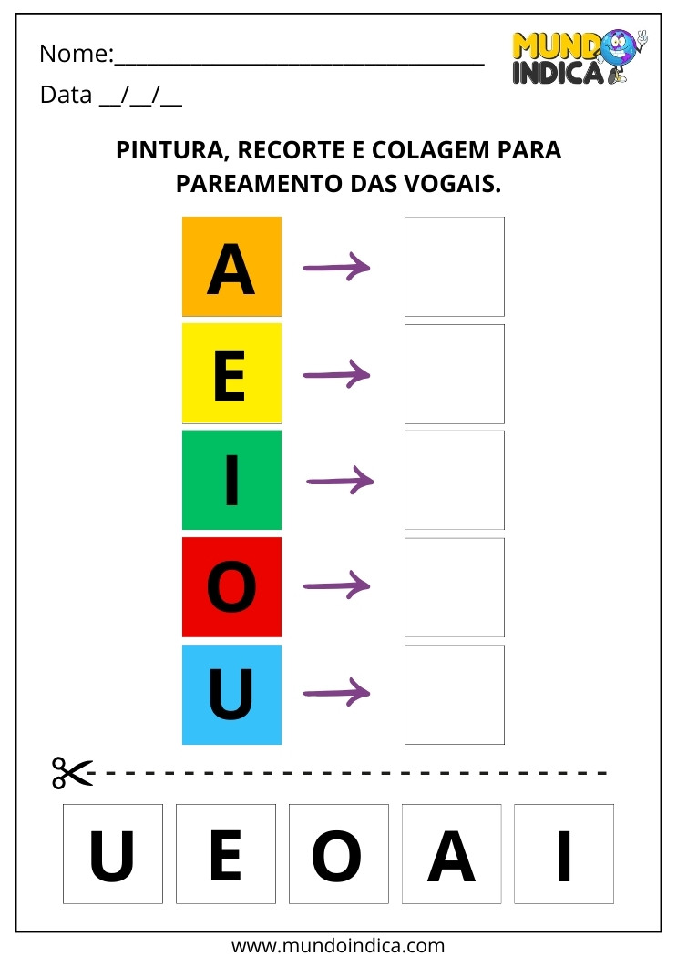 Atividade de Alfabetização com Pintura, Recorte e Colagem para Pareamento das Vogais para Imprimir