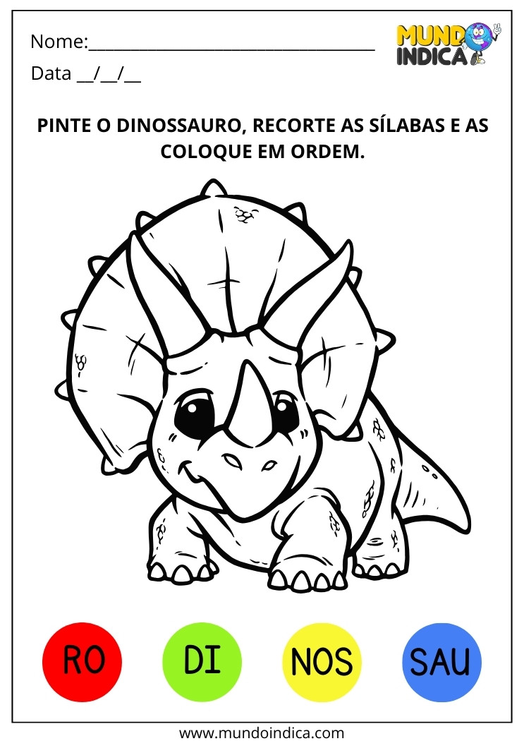 Atividade de Alfabetização com Recorte, Colagem e Pintura do Dinossauro para Imprimir