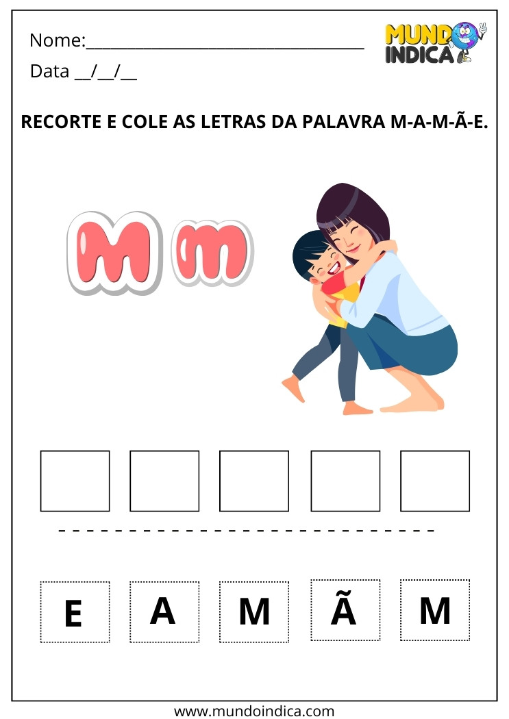 Atividade de Alfabetização com Recorte e Colagem da Palavra Mamãe para Imprimir