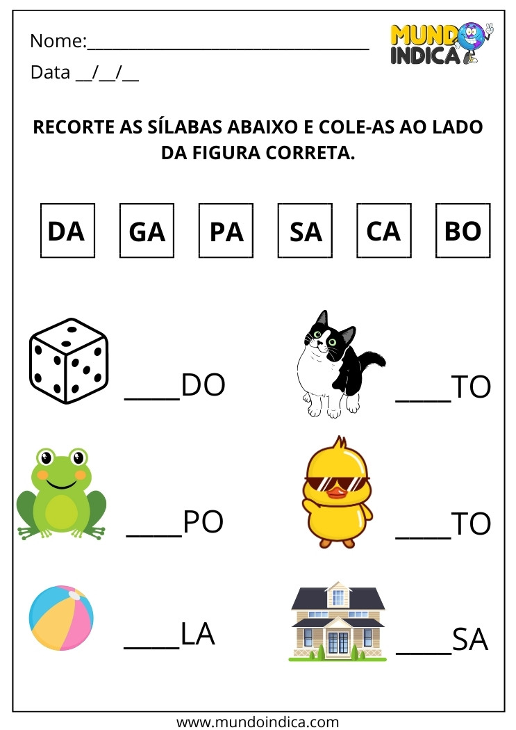 Atividade de Alfabetização com Recorte e Colagem das Sílabas para Imprimir