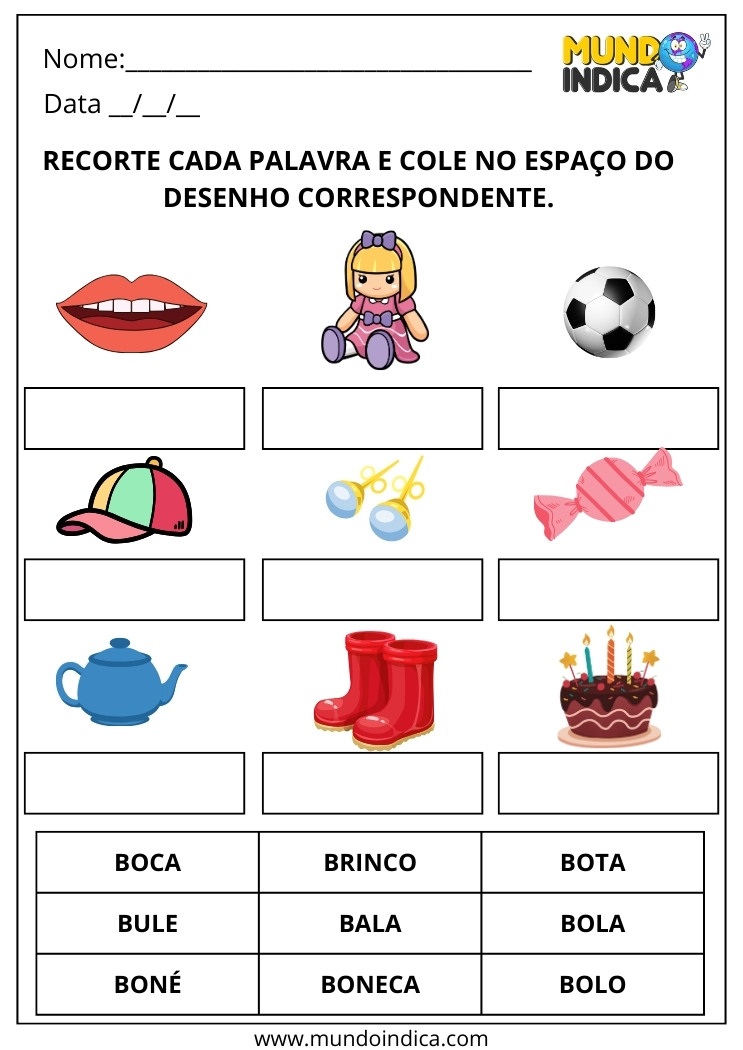 Atividade de Alfabetização com Recorte e Colagem para Associação Figura ao Nome para Imprimir