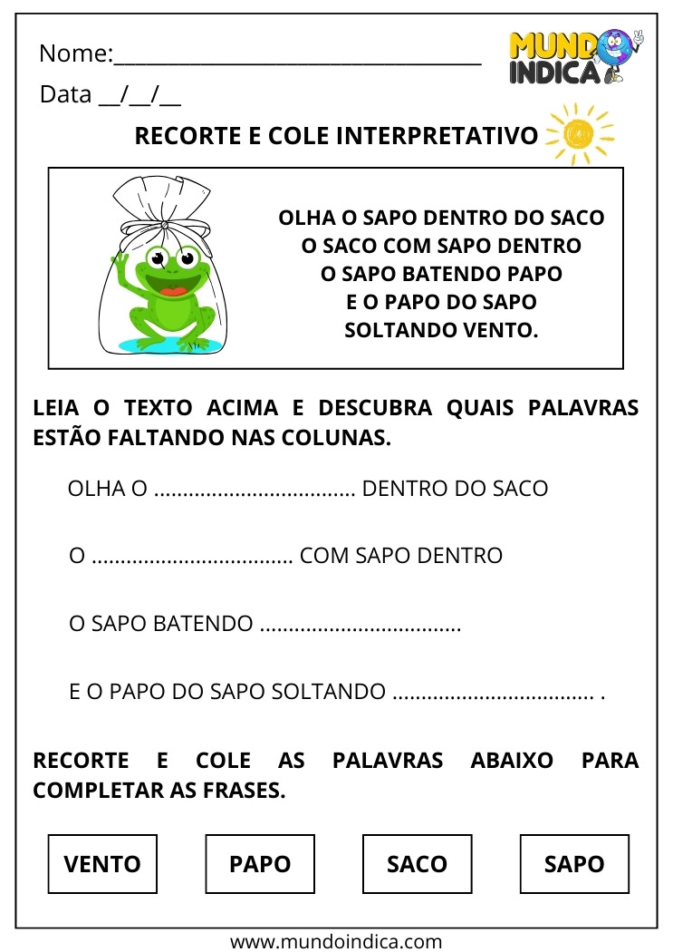 Atividade de Alfabetização com Recorte e Cole Interpretativo para Imprimir