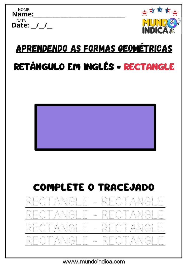 Atividade de Alfabetização com Tracejado da Palavra Retângulo em Inglês para Imprimir