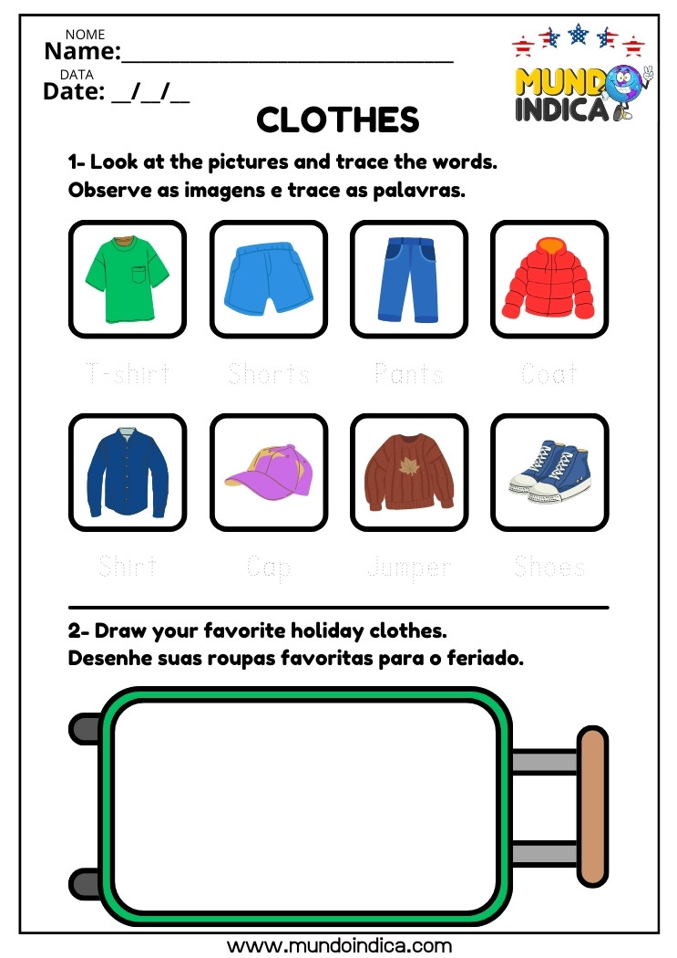 Atividade de Alfabetização com Tracejado de Nomes de Roupas em Inglês para Imprimir
