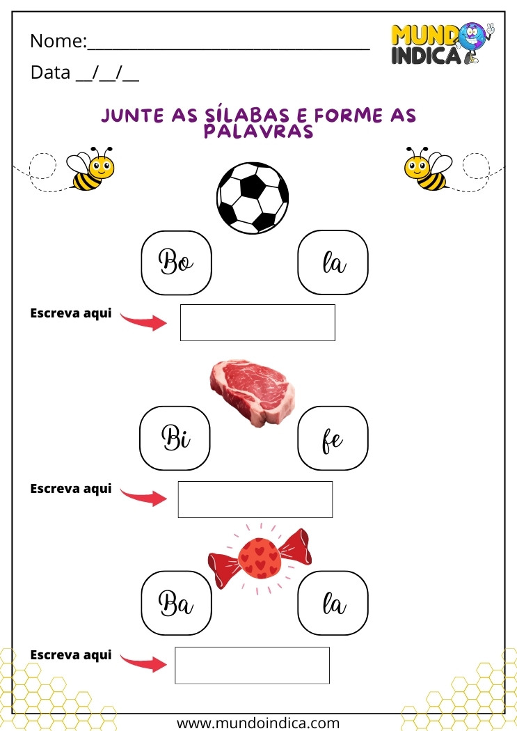 Atividade de Alfabetização e Letramento Junte as Sílabas e Forme as Palavras para Imprimir