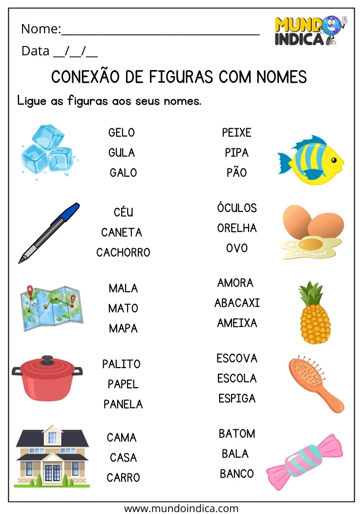 Atividade de Alfabetização e Letramento Ligue as Figuras aos seus Nomes para Imprimir