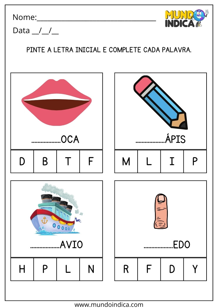 Atividade de Alfabetização e Letramento Pinte a Letra Inicial e Complete Cada Palavra para Imprimir