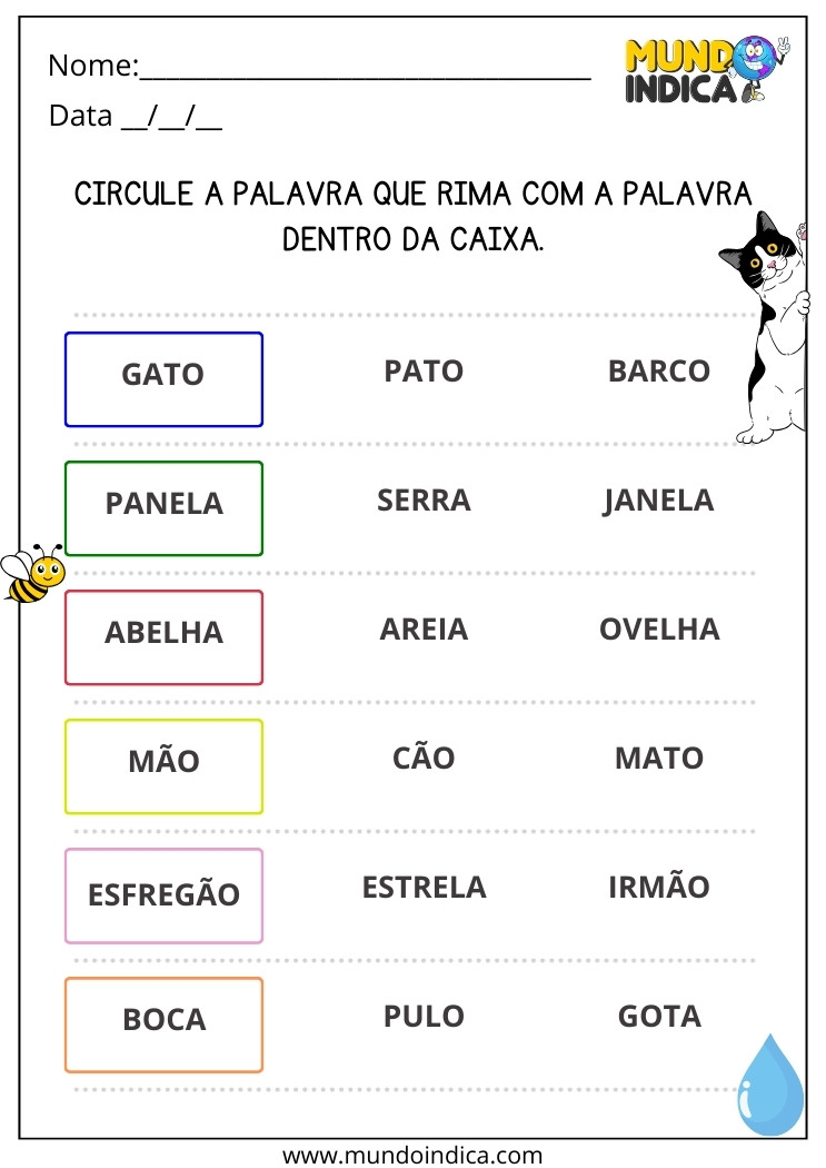 Atividade de Alfabetização e Letramento com Rimas para Imprimir