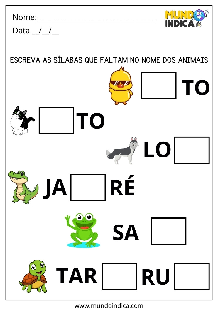 Atividade de Alfabetização e Letramento para Escrever as Sílabas que Faltam no Nome dos Animais para Imprimir