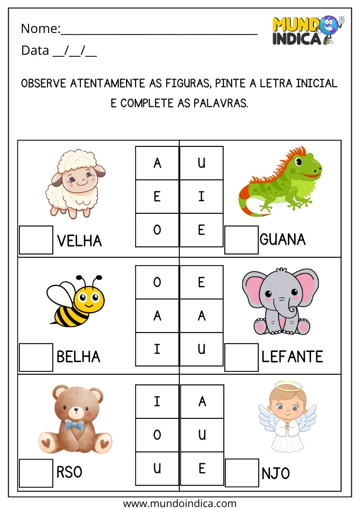 Atividade de Alfabetização e Letramento para Pintar a Letra Inicial da Figura e Completar as Palavras para Imprimir