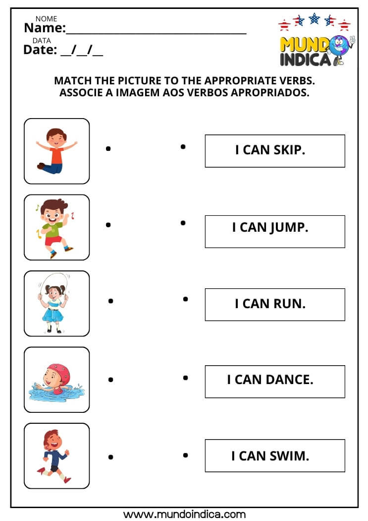 Atividade de Alfabetização em Inglês para Ligar a Figura ao Verbo Apropriado para Imprimir