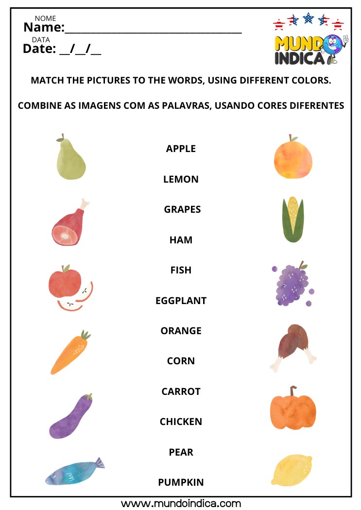 Atividade de Alfabetização em Inglês sobre Alimentos para Imprimir