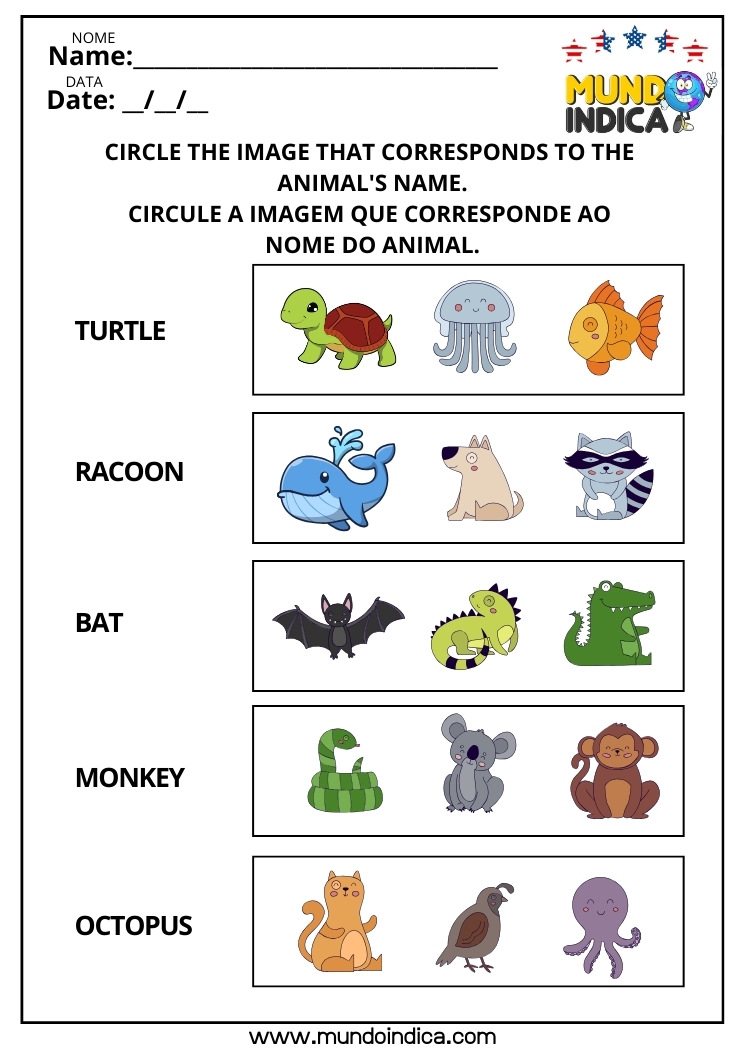 Atividade de Alfabetização em Inglês sobre Animais para Imprimir