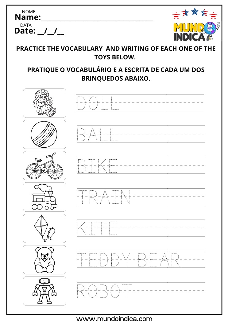 Atividade de Alfabetização em Inglês sobre Brinquedos para Imprimir