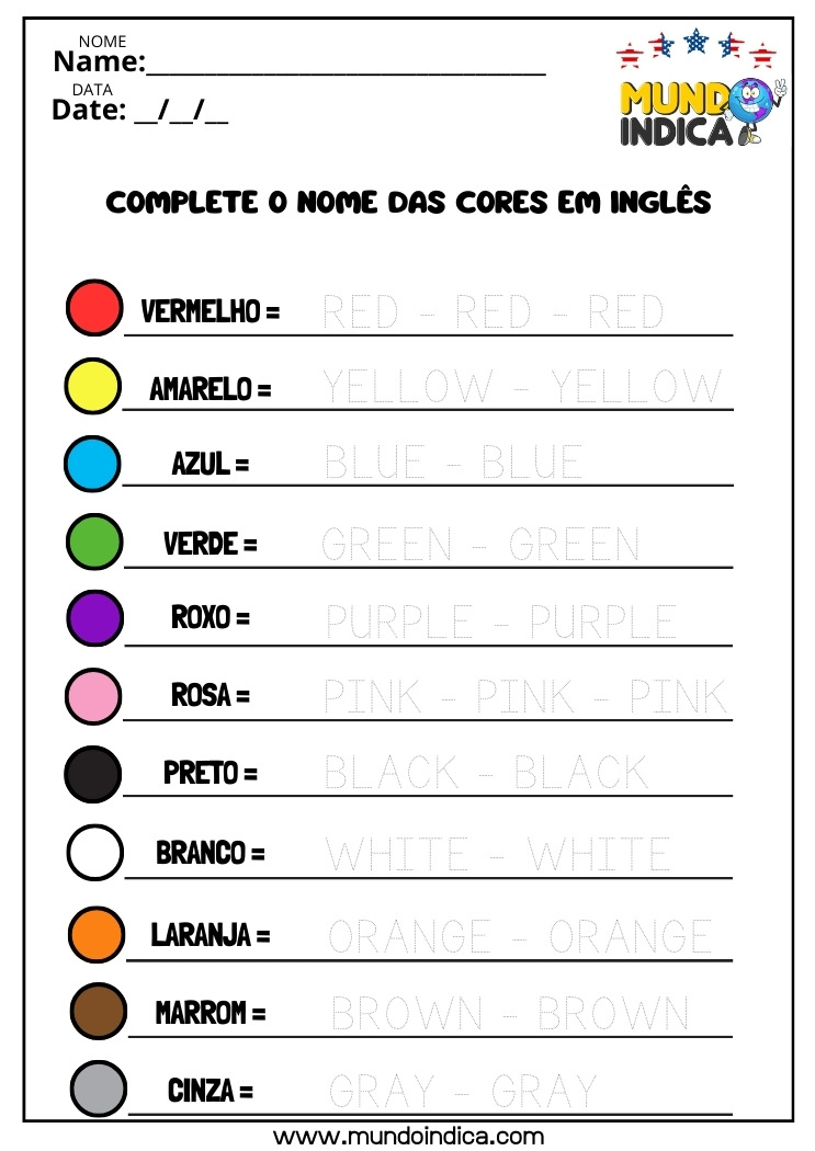 Atividade de Alfabetização em Inglês sobre Cores para Imprimir