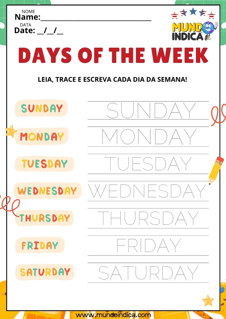 Atividade de Alfabetização em Inglês sobre Dias da Semana para Imprimir