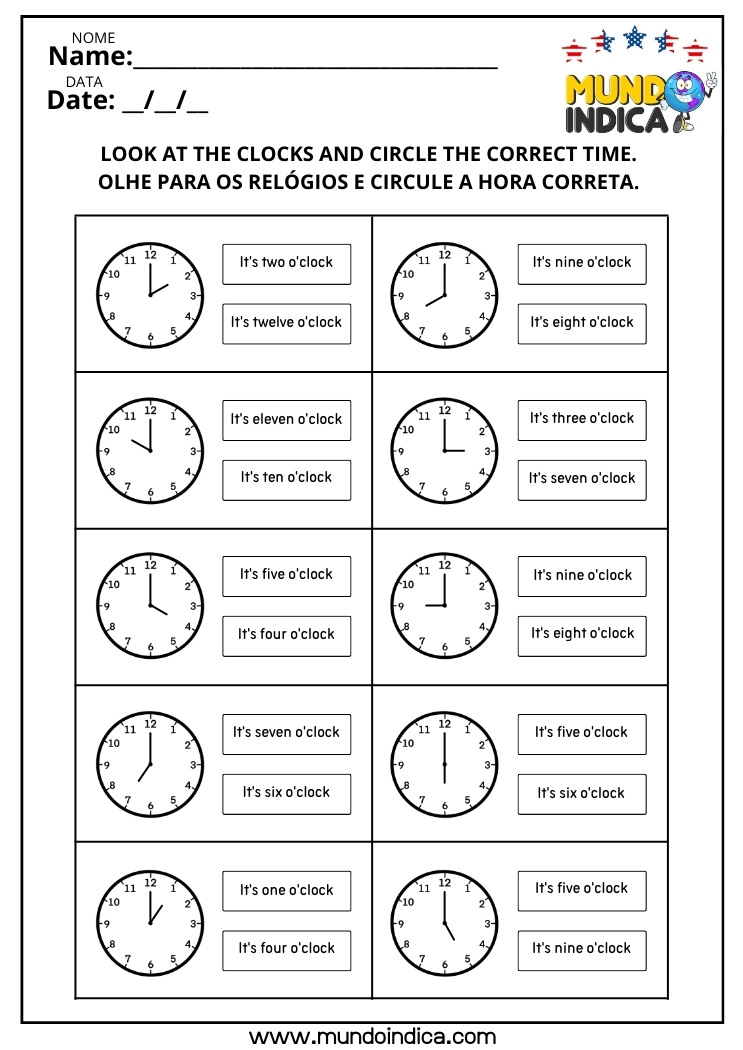 Atividade de Alfabetização em Inglês sobre Horas para Imprimir
