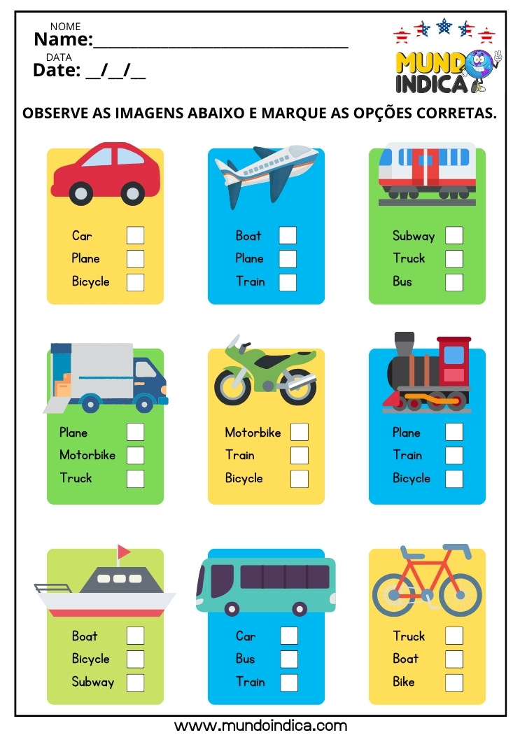 Atividade de Alfabetização em Inglês sobre Meios de Transporte para Imprimir