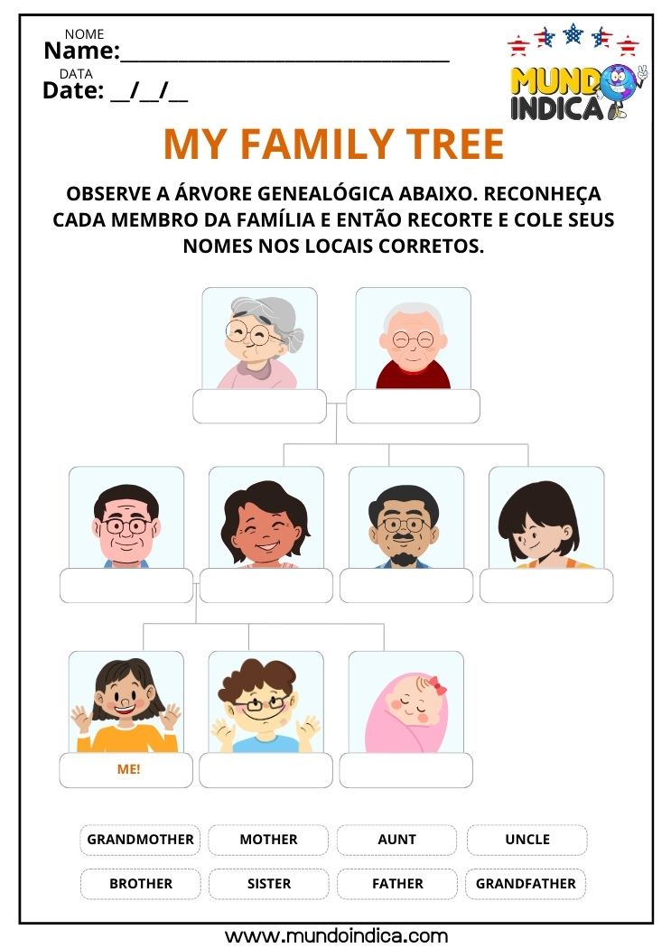 Atividade de Alfabetização em Inglês sobre Membros da Família para Imprimir