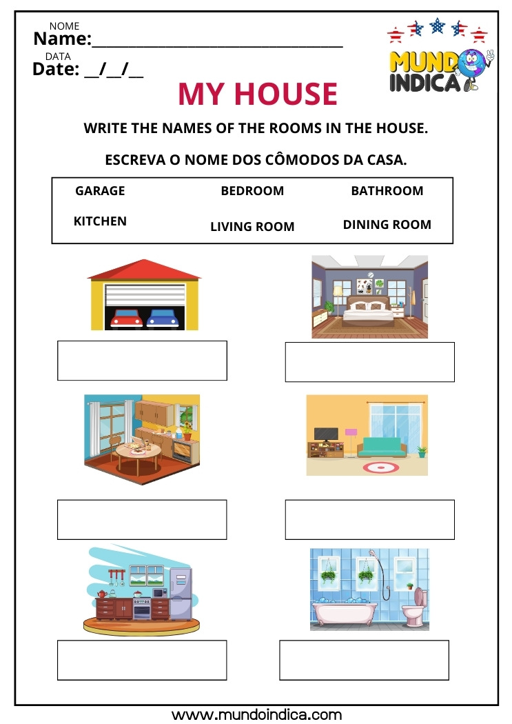 Atividade de Alfabetização em Inglês sobre Partes da Casa para Imprimir