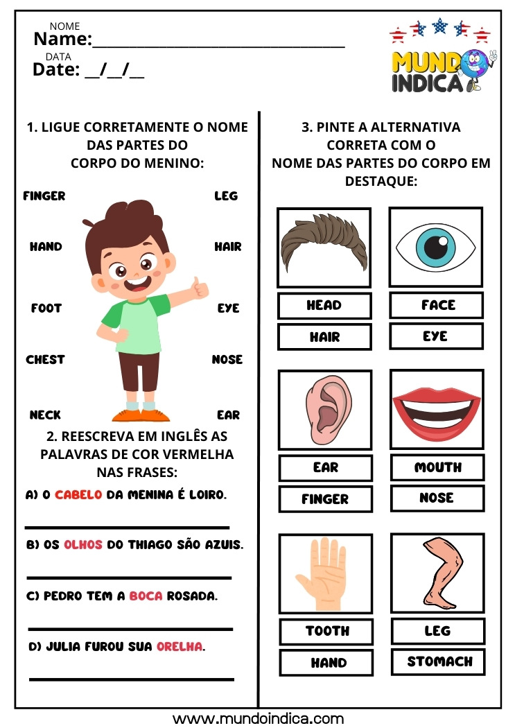 Atividade de Alfabetização em Inglês sobre Partes do Corpo Humano para Imprimir