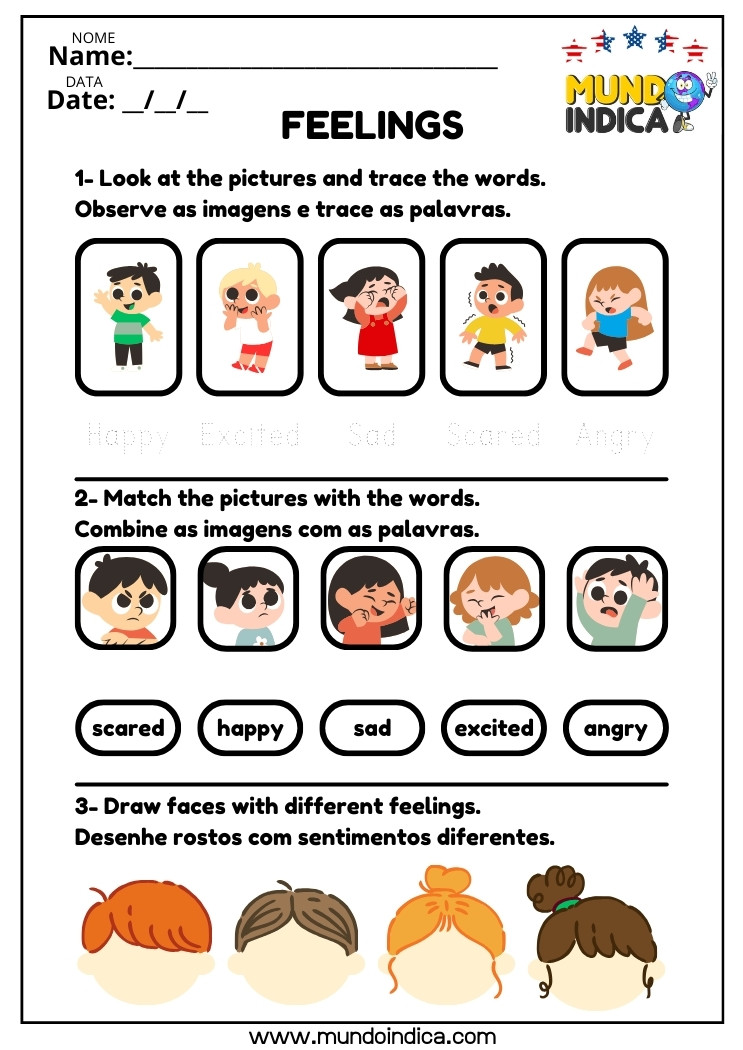 Atividade de Alfabetização em Inglês sobre Sentimentos para Imprimir