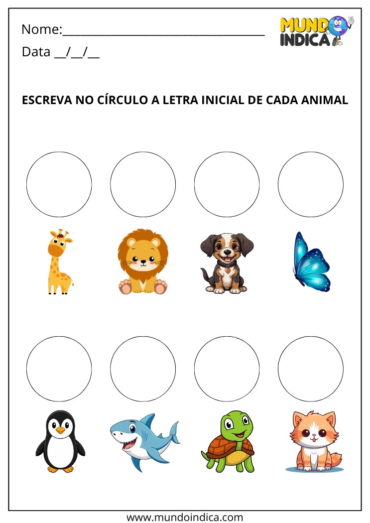 Atividade de Alfabetização para Escrever no Círculo a Letra Inicial de Cada Animal para Imprimir