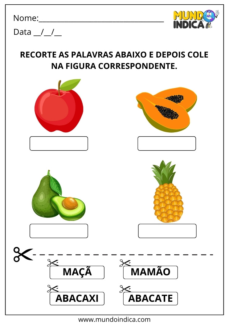 Atividade de Alfabetização para Recortar e Colar os Nomes das Frutas para Imprimir