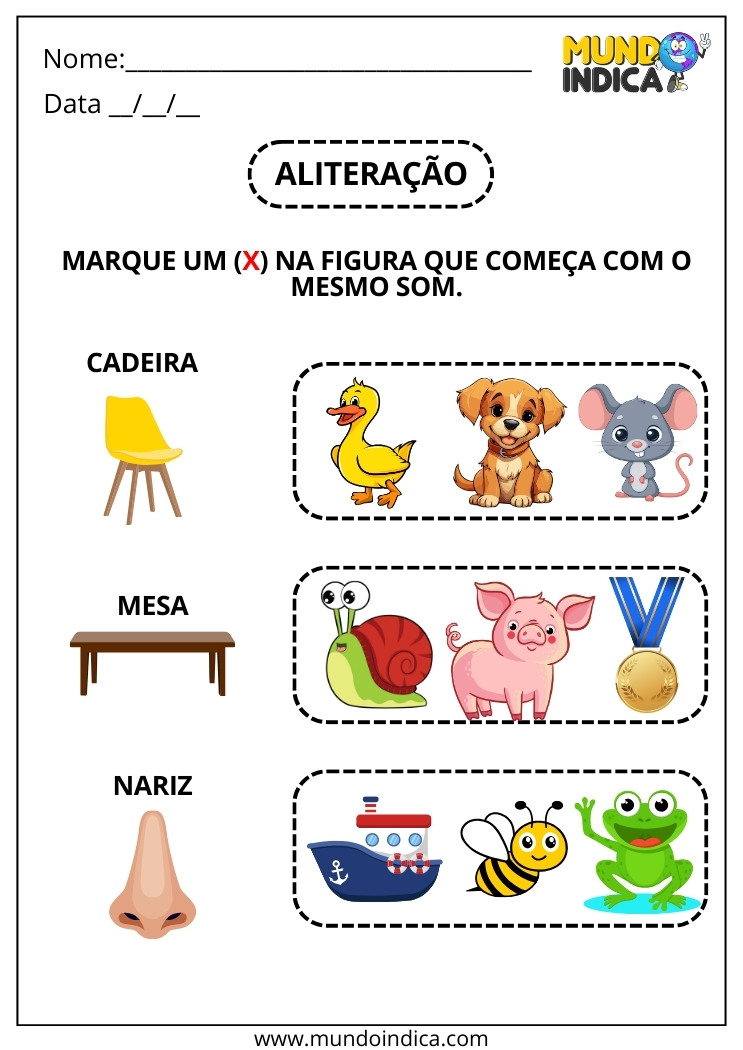 Atividade de Aliteração Marque um X na Figura que Começa com o Mesmo Som para Imprimir