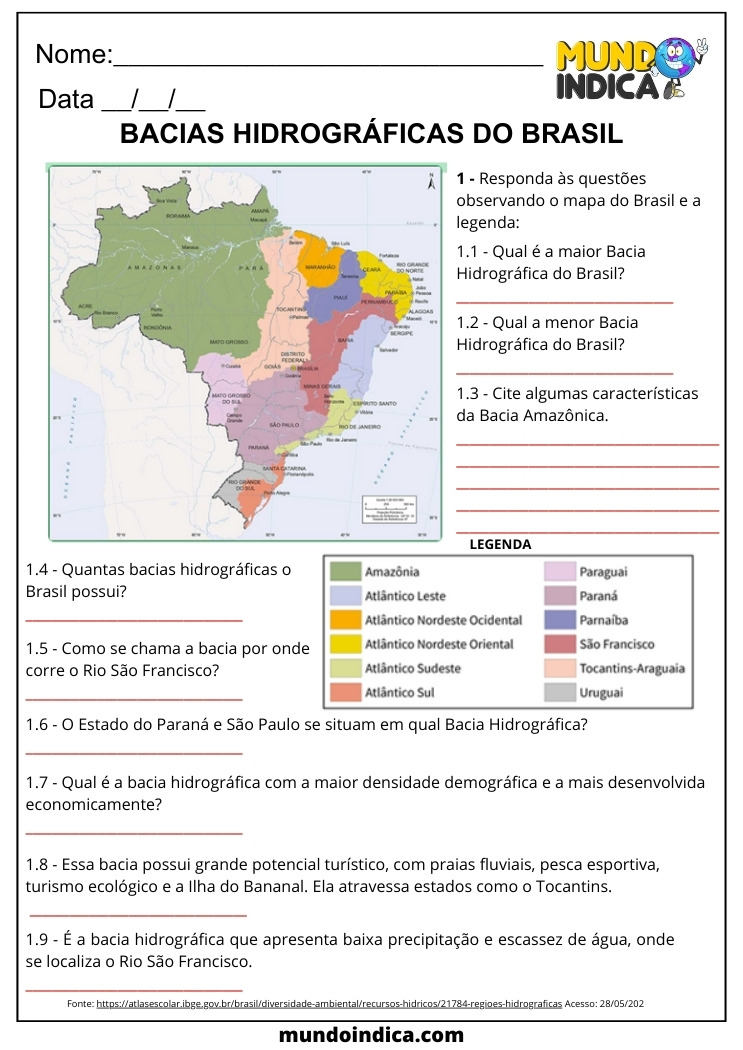 Atividade de Geografia 6 ano sobre Bacias Hidrográficas do Brasil para Imprimir