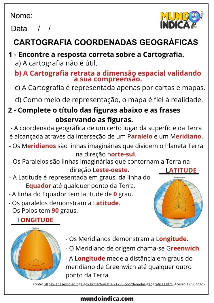 Atividade de Geografia 6 ano sobre Cartografia e Coordenadas Geográficas com Respostas para Imprimir