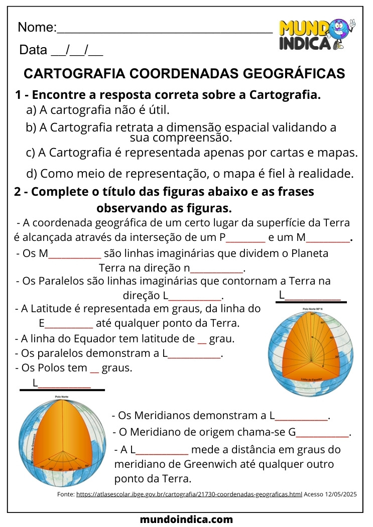 Atividade de Geografia 6 ano sobre Cartografia e Coordenadas Geográficas para Imprimir