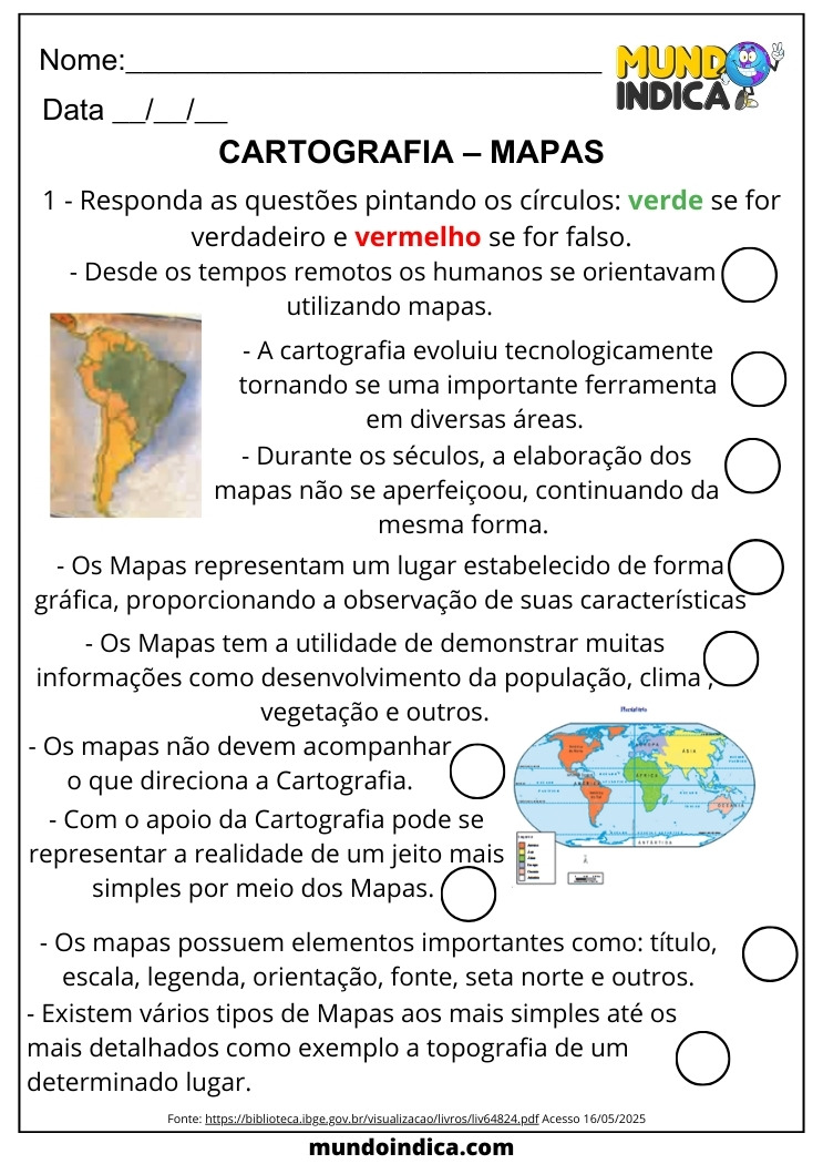Atividade de Geografia 6 ano sobre Cartografia e Mapas para Imprimir