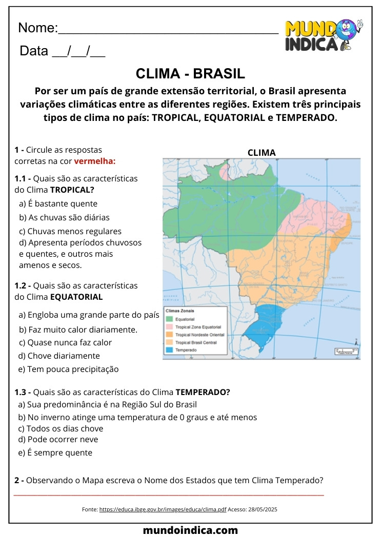 Atividade de Geografia 6 ano sobre Clima no Brasil para Imprimir