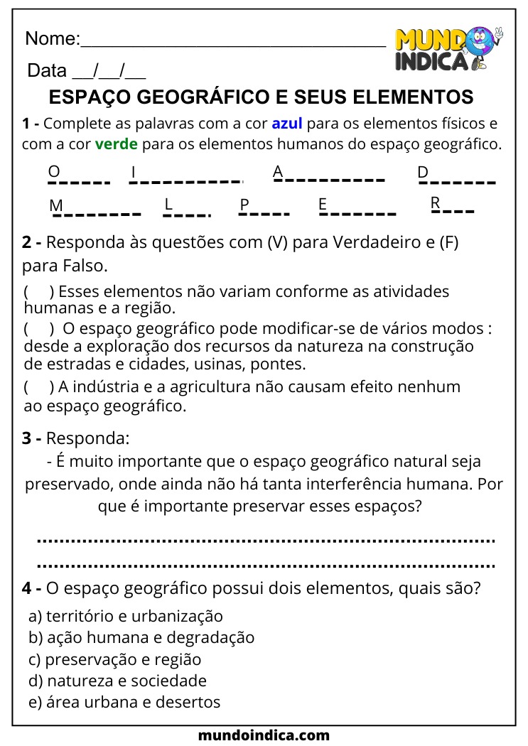 Atividade de Geografia 6 ano sobre Espaço Geográfico e seus Elementos para Imprimir