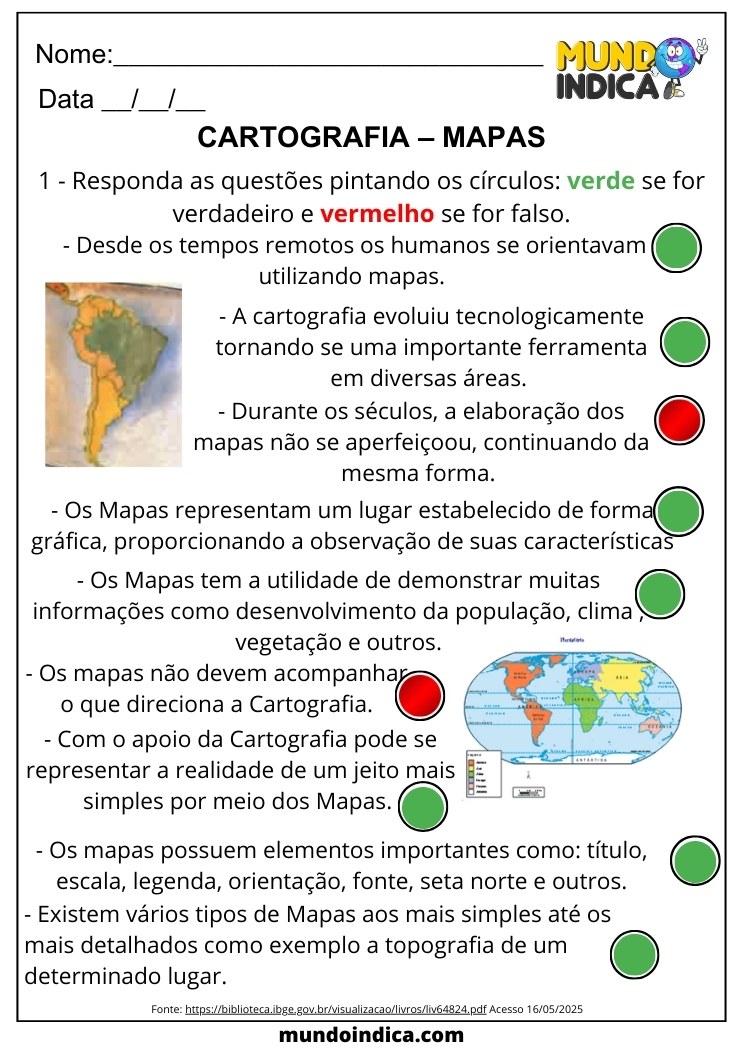 Atividade de Geografia para 6 ano Ensino Fundamental sobre Cartografia e Mapas com Respostas para Imprimir