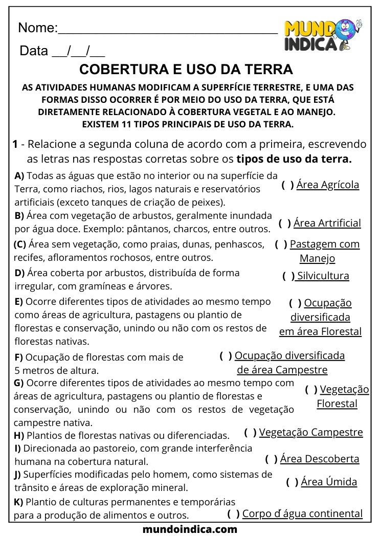 Atividade de Geografia para 6 ano Ensino Fundamental sobre Cobertura e Uso da Terra para Imprimir